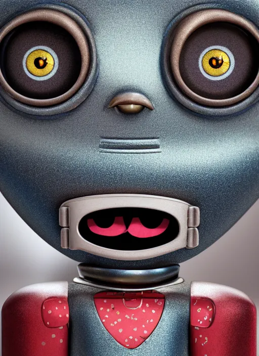 Image similar to closeup portrait of tin toy robot kitty trap, depth of field, zeiss lens, detailed, symmetrical, centered, fashion photoshoot, by nicoletta ceccoli, mark ryden, lostfish, breathtaking, 8 k resolution, extremely detailed, beautiful, establishing shot, artistic, hyperrealistic, octane render