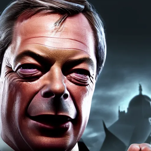 Image similar to nigel farage in mortal kombat, splash art, movie still, detailed face, cinematic lighting, dramatic, octane render, long lens, shallow depth of field, bokeh, anamorphic lens flare, 8 k, hyper detailed, 3 5 mm film grain