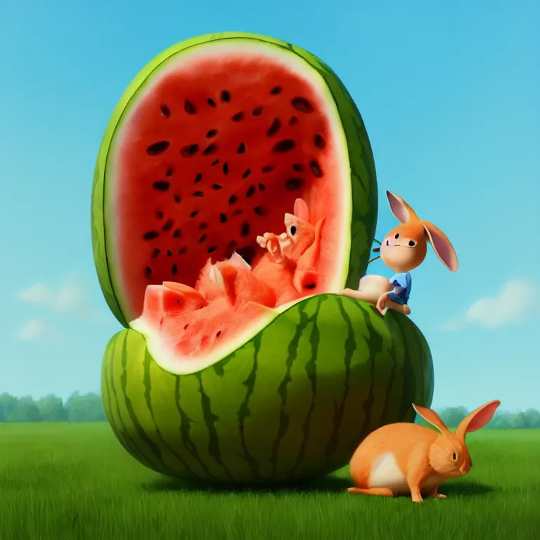 Image similar to Goro Fujita illustrating a rabbit eating a giant watermelon, art by Goro Fujita, sharp focus, highly detailed, ArtStation