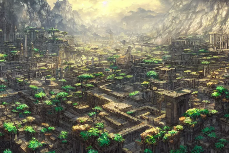 Image similar to ancient city landscape, beautiful, artstation trending, deviantart, highly detailed, focus, smooth, by hirohiko araki, yoshitaka amano