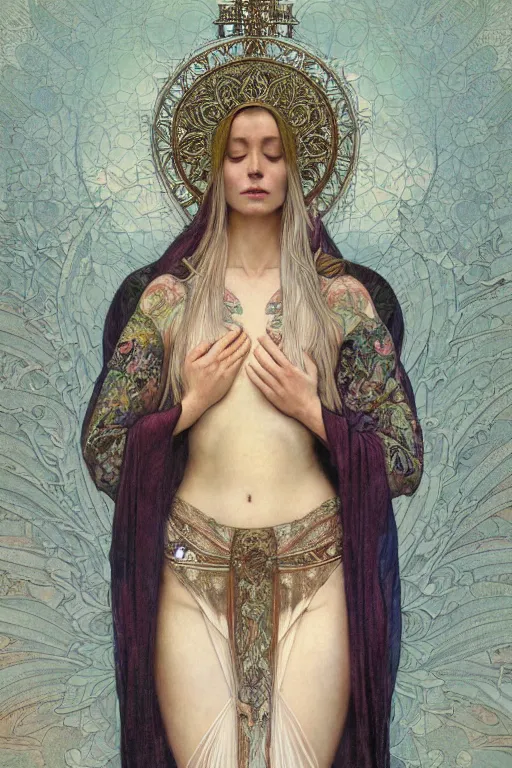 Image similar to a full body portrait of a beautiful ethereal delicate icelandic mage queen meditative sacral pose catholic stages of the cross, intricate, elegant, highly detailed, digital painting, artstation, concept art, smooth, sharp focus, illustration, art by krenz cushart and artem demura and alphonse mucha