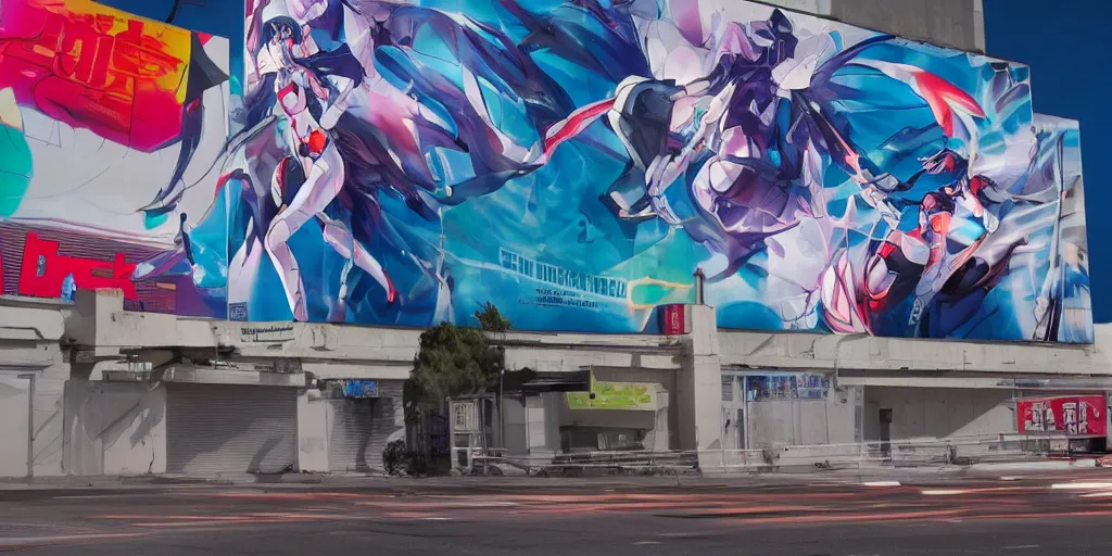 Image similar to billboard advertisement with an extremely beautiful photo of a white marble statue of an anime girl with colorful motocross logos and motorcycle helmet with closed visor, colorful smoke in the background, carved marble statue, fine art, neon genesis evangelion, virgil abloh, offwhite, denoise, highly detailed, 8 k, hyperreal