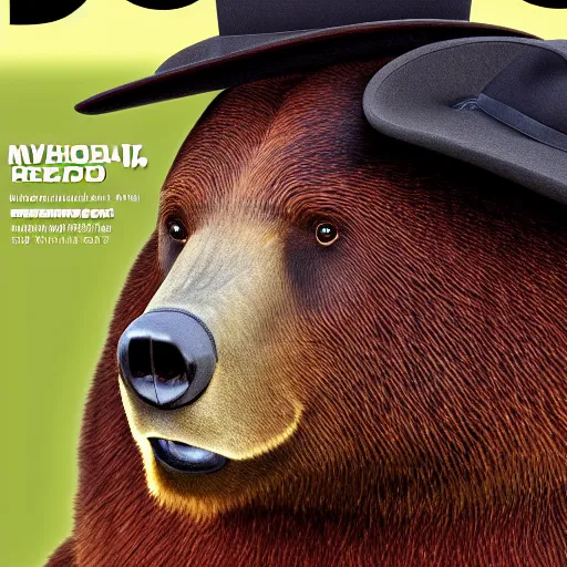 Image similar to magazine cover with bear in a hat. 8k resolution. hyperrealistic