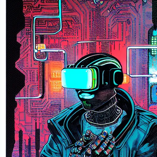 Image similar to a portrait of a cybernetic man wearing virtual reality headset, smoking a cigarette, wires, cyberpunk concept art by josan gonzales and philippe druillet and dan mumford and enki bilal and jean claude meziere