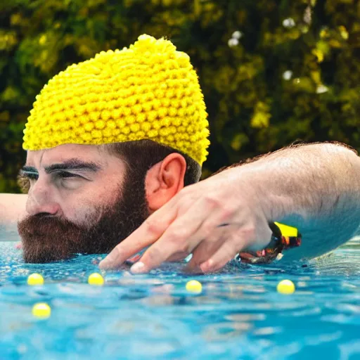 Prompt: man with half sided beard dipped in a pool of yellow and white balls