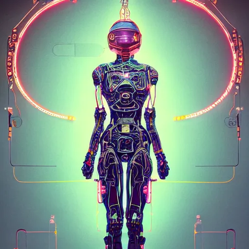 Image similar to a beautiful body of a bot fighter pilot woman mostly made of wires and electronic circuits led luminous, an ultrafine detailed illustration by james jean, final fantasy, intricate linework, bright colors, behance contest winner, vanitas, angular, altermodern, unreal engine 5 highly rendered, global illumination, radiant light, detailed and intricate environment