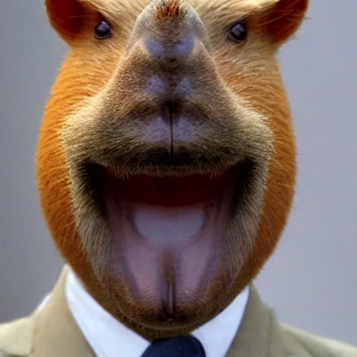 Image similar to capybara head, a man wearing a suit capybara head (smoking cigar)