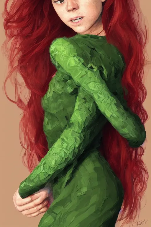 Image similar to ultra realistic style illustration of a beautiful cute red haired playful joyful teen girl in a green dress, long hair, face of young kate mara, sci - fi, intricate, elegant, digital painting, artstation, concept art, smooth, sharp focus, illustration, 8 k frostbite 3 engine, ultra detailed, art by artgerm and greg rutkowski and magali villeneuve