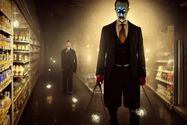 Image similar to an ultra realistic, cinematic, fantasy, portrait, of an evil businessman, elden ring, fairy lights, facial features, stood in a supermarket, with victorian clothing, detailed, deep focus, movie still, dramatic lighting, ray tracing, by michal karcz and yoshitaka amano