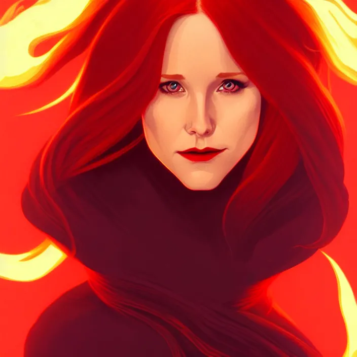 Image similar to style artgerm, joshua middleton, beautiful kristen bell with dark red dress, very long orange hair, symmetrical face, symmetrical eyes, fire powers fire swirling, detailed, volcano setting, [ potato ] cinematic lighting