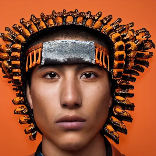 Image similar to a portrait of a beautiful young mexican male wearing an alexander mcqueen armor made of orange ceramic , photographed by andrew thomas huang, artistic