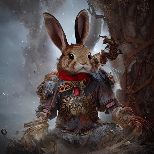 Prompt: The Chinese Zodiac sign of rabbit warrior, traditional Chinese textures, hyper detail, Unreal engine,Octane render, by Brooke Shaden