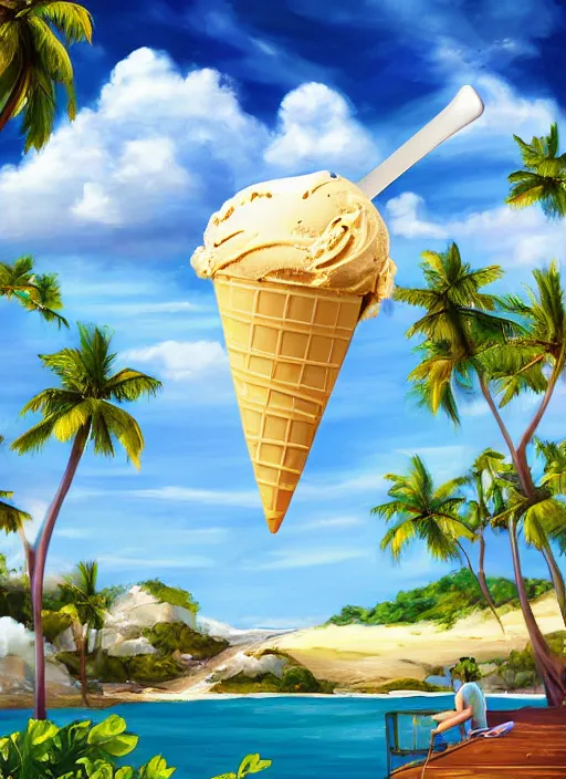 Image similar to ice cream floating in the sky over a tropical island by ralph goings, digital art