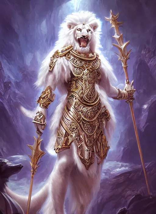 Prompt: anthropomorphized white lion paladin casting magic bright light spell, smiling, casting spell, concept art, insanely detailed and intricate, hypermaximalist, elegant, ornate, hyper realistic, super detailed, art deco, cinematic, trending on artstation, magic the gathering artwork