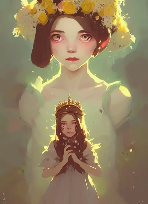 Image similar to portrait of cute fairy girl with crown of flowers fantasy, by atey ghailan, by greg rutkowski, by greg tocchini, by james gilleard, by joe gb fenton, by kaethe butcher, dynamic lighting, gradient light yellow, brown, blonde cream and white color in scheme, grunge aesthetic