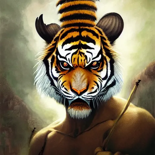 Image similar to head and shoulders portrait of a tiger - headed rakshasa, d & d, fantasy, greg rutkowski, frank frazetta, alexandre chaudret, boris vallejo, michael whelan, miro petrov, hr giger, magali villeneuve, donato giancola