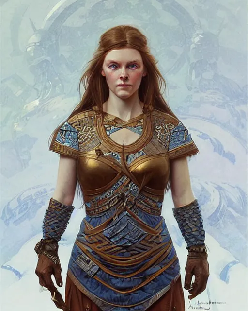 Prompt: portrait of a viking woman, spacesuit, blue eyes, real life skin, intricate, elegant, highly detailed, artstation, concept art, smooth, sharp focus, art by artgerm and greg rutkowski and alphonse mucha