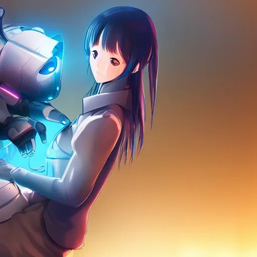 Prompt: anime girl petting a robotic cat, cyberpunk, cinematic lighting, blue glowing eyes, beautiful, extremely detailed, anime, cute,