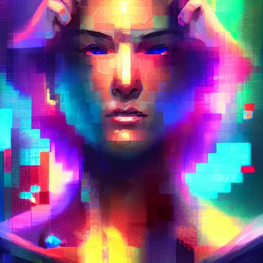 Prompt: a tetris head main character, powerful digital glitch aura, by ross tran, oil on canvas