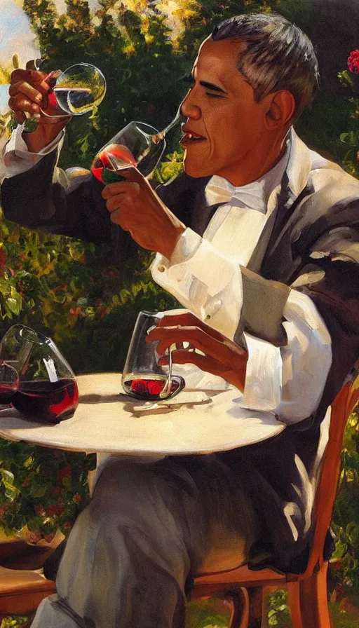 Image similar to still life painting of Obama drinking wine in a garden by Peder Krøyer, golden hour, dramatic lighting, intricate detail, canvas print