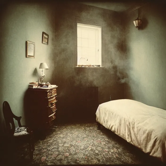 Image similar to kodak portra 4 0 0, wetplate, fisheye, award - winning portrait by britt marling, 1 8 8 0 s bedroom, ghost, picture frames, shining lamps, dust, smoke, 1 8 8 0 s furniture, wallpaper, carpet, books, muted colours, wood, fog, plants, flowers