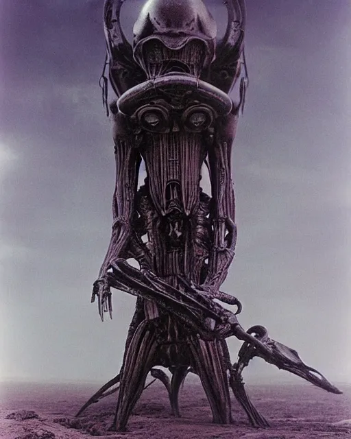 Image similar to dust goliath by h. r giger, beautiful alien desert, violet storm, unusual, cinematic, perfect, highly detailed, masterpiece, award winning