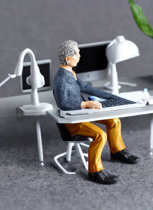 Image similar to 80mm resin detailed miniature of man sitting at his computer, angry, Product Introduction Photos, 4K, Full body,