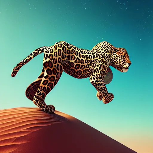 Image similar to android leopard in the middle of the desert, matte metal and chrome :: by beeple and James Gilleard and Justin Gerard :: ornate, dynamic, particulate, intricate, elegant, highly detailed, centered, artstation, smooth, sharp focus, octane render, 3