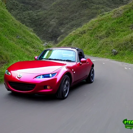 Prompt: NA mazda miata driving through the hills in the style of hayao miyazaki