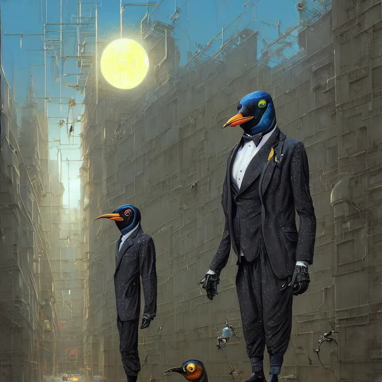 Image similar to A solarpunk very highly detailed Anthropomorphic cybertronic penguin wearing sport suit with very highly detailed face on the street of a very highly detailed solarpunk city digital surrealism art by Greg Rutkowski and Josan Gonzalez, highly detailed, digital concept art, Volumetric natural light, sharp focus, Golden Ratio illustration, realistic concept art by Stephen Hickman and James Gurney and Hiromasa Ogura Ghost in the Shell rendered in VRAY, From the distance