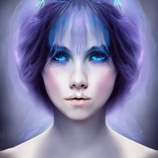 Prompt: The dragon girl portrait, portrait of young girl half dragon half human, dragon girl, dragon skin, dragon eyes, dragon crown, blue hair, long hair, highly detailed, cinematic lighting, by Luis Buñuel