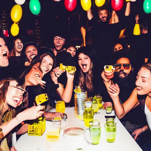 Prompt: a bunch of people in a crazy party drinking nothing but lemonade.