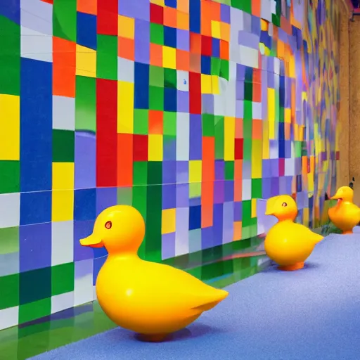 Image similar to wide shot, one! photorealistic rubber duck in foreground on a pedestal in an cavernous museum, the walls are covered floor to ceiling with colorful geometric wall paintings in the style of sol lewitt, tall arched stone doorways, through the doorways are more mural paintings in the style of sol lewitt.