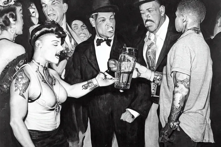 Image similar to rich piana dressed as a gangster is offered a drink at a 1 9 5 0 s party by a slim young lady, painted by phil hale and rick berry and dean cornwell and norman rockwell and jack kirby and jeremy mann