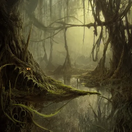 Prompt: swamp with a rotten stem formed like nick nolte at dusk, misty athmosphere, ultra realistic, concept art, intricate details, eerie, highly detailed, photorealistic, octane render, 8 k, unreal engine. art by ed binkley and ellen jewett and artgerm and greg rutkowski and alphonse mucha