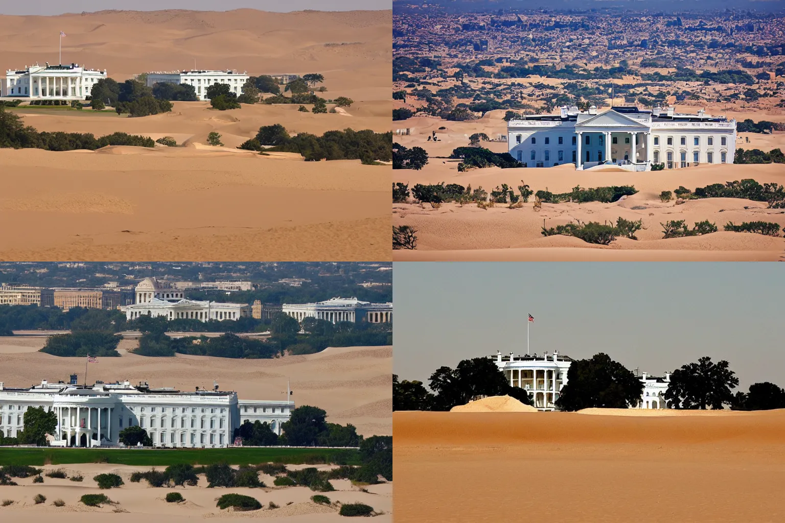 Prompt: !dream A photo of the White House and National Mall, surrounded by sand dunes as if taken in Egypt