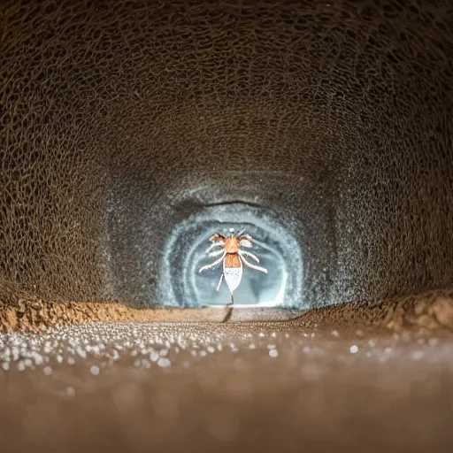 Image similar to cinematic photo of humans wearing realistic ant costumes in an underground dirt tunnel. several tunnel exits lead off in different directions. at the side of the tunnel are very large white pulsating ant larvae.