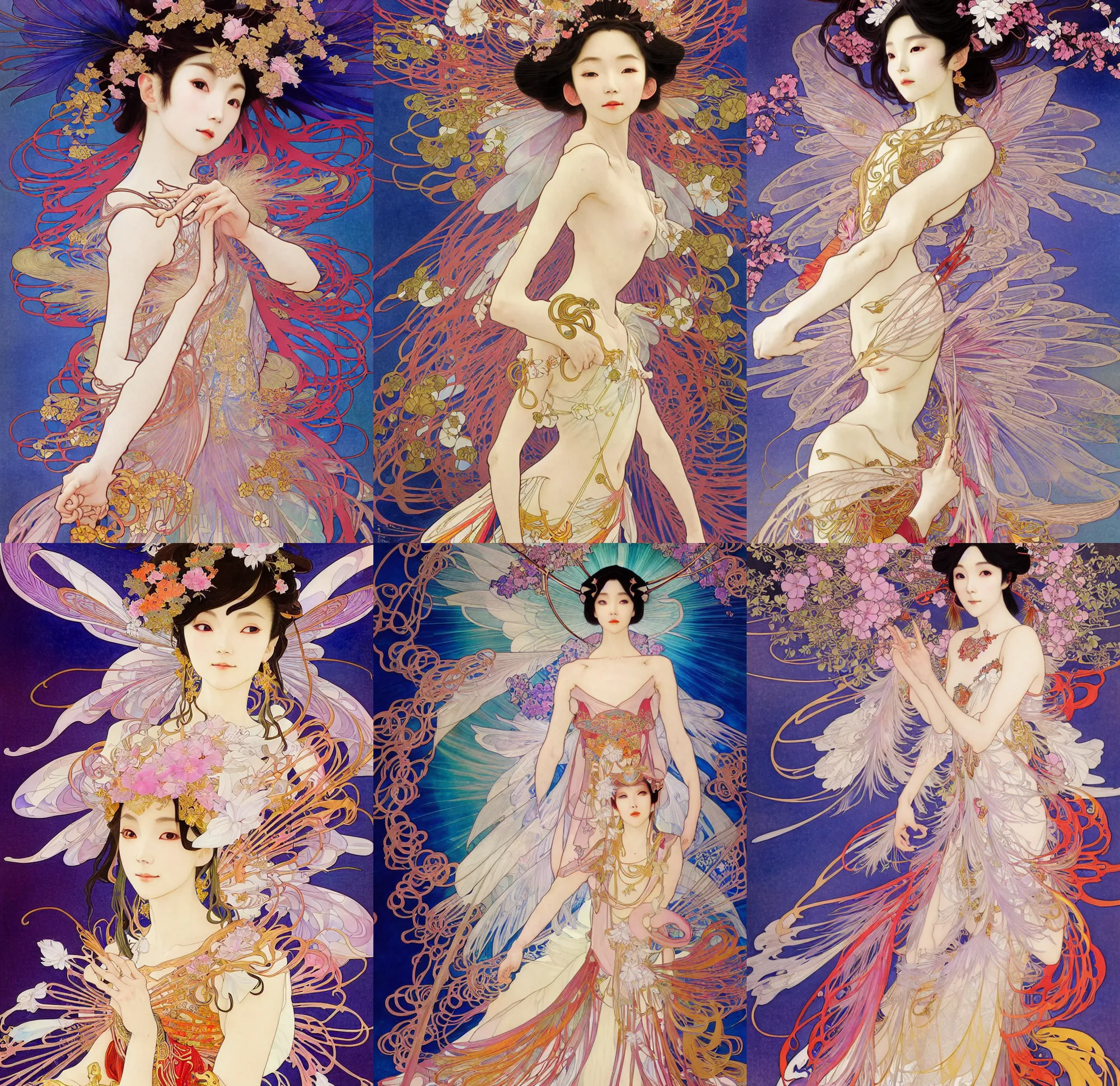 Prompt: deco art by yoshitaka amano, alfons mucha, makoto shinkai and john singer sargent, chinese taoist fairy goddess played by aragaki yui, colorful clothes and feather clothes of the tang dynasty, hyper detailed, character concept, full body, dynamic pose, intricate, lineart, cerpuscular rays, lily flowers. 8 k