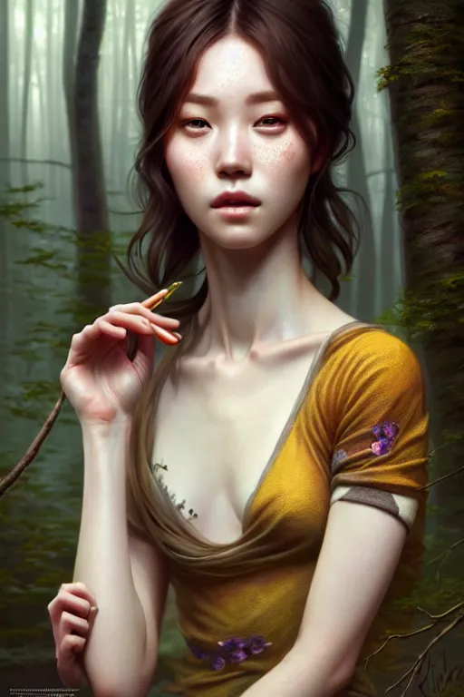 Image similar to beautiful digital painting of a hoyeon jung stylish female forest with high detail, real life skin, freckles, 8 k, stunning detail, works by artgerm, greg rutkowski and alphonse mucha, unreal engine 5, 4 k uhd