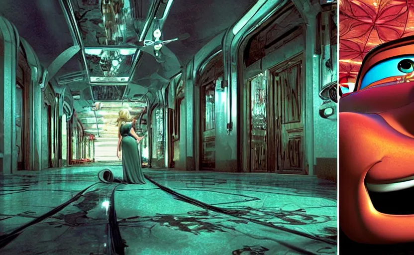 Prompt: mater from cars in a mirrored fractal hallway, romance novel cover, in 1 9 9 5, y 2 k cybercore, low - light photography, still from a ridley scott movie