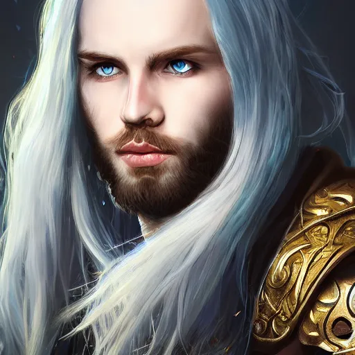 Prompt: portrait of a pale VANYAR prince with piercing blue eyes and long golden hair with a silver circlet, artstation, matte painting
