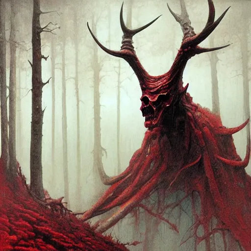 Prompt: concept art of a eldritch titan creature, skull with antlers, red eyes, fantasy, forest, heavy fog, wayne barlowe and zdzislaw beksinski