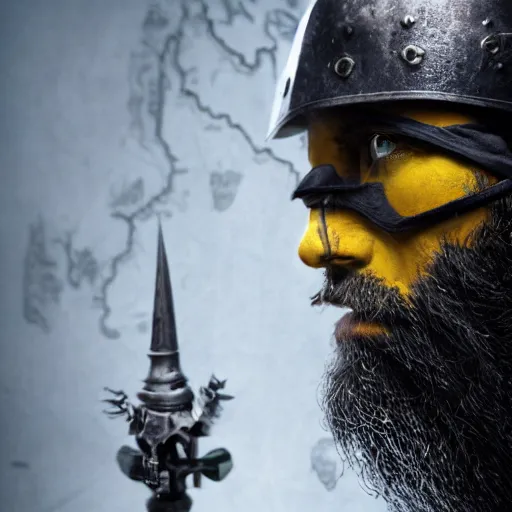 Image similar to Closeup of frustrated male medieval sergeant with a {short} beard wearing a {black!!!! and yellow tabard} over a steel breastplate and a black gambeson looking up from a map on a table, intricate, dramatic lighting illustration by Greg Rutkowski, {perfect face}, {perfect eyes}, fantasy