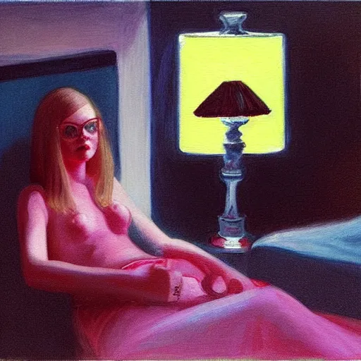 Prompt: painting of Elle Fanning in a dark hotel room with the lights off, neon lighting from outside shining in, by Edward Hopper