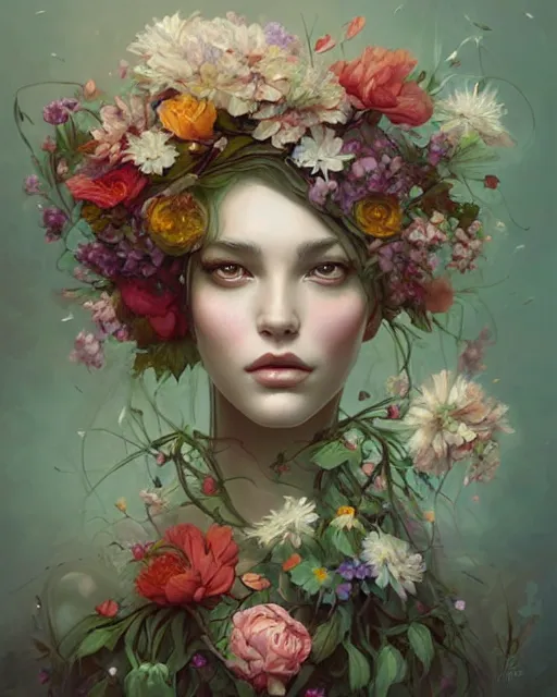 Prompt: portrait of a woman made of flowers, overgrown beauty portrait, stylized art by artgerm, wlop, peter mohrbacher