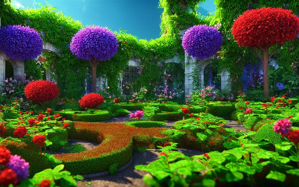 Image similar to a sprawling garden with many flowers and vines, sunny day, beautiful lighting, vivid colors!, highly detailed, cinematic, octane render, 4 k, trending on artstation, deviantart featured