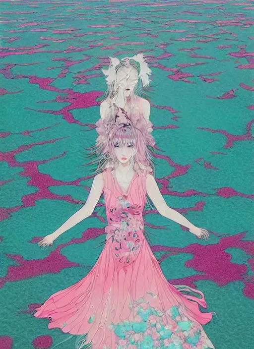 Image similar to lee jin - eun in luxurious flowery dress emerging from pink and turquoise water in salar de uyuni with the ground reflecting the aurora borealis by takato yamamoto, james jean, conrad roset, ruan jia, martine johanna, rule of thirds, elegant look, beautiful, chic, face anatomy, cute complexion