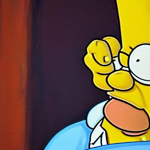 Image similar to tiny Homer Simpson in a mood lit modern painting coming to steal your food