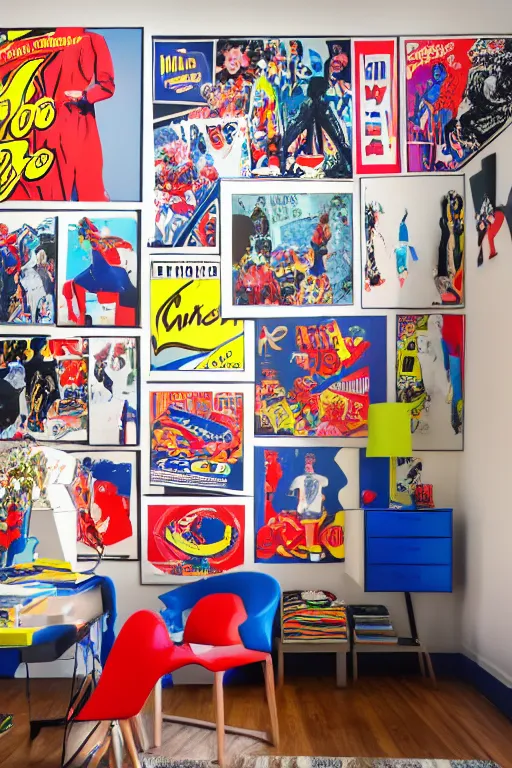 Image similar to boy room with full of pop art poster, and scattered clothes mural, photorealistic, smooth, 4 k, aesthetic lighting, baroque object, sharp focus, hyperdetailed, professional photography, pullitzer winning, photo by : canon eos 5 d mark iv, by karah mew and adnan abidi and jodie bateman