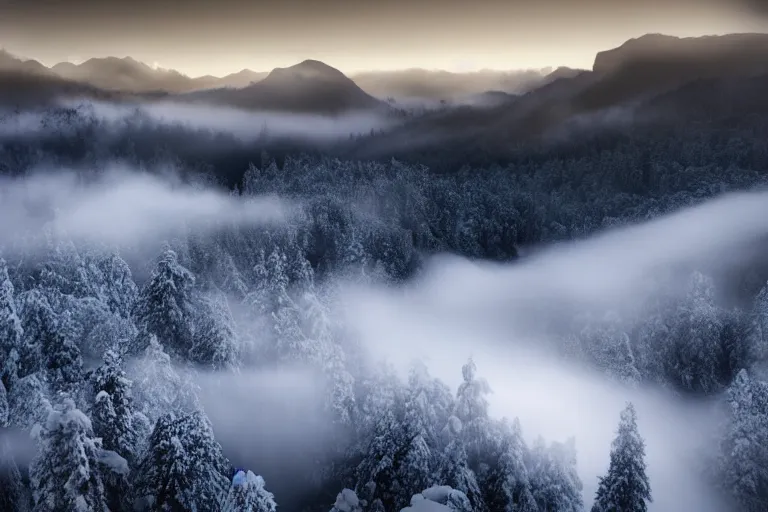 Prompt: taking from above, snowcapped mountain with lots of fog, high detail, photorealistic, good lighting, unbelievable.